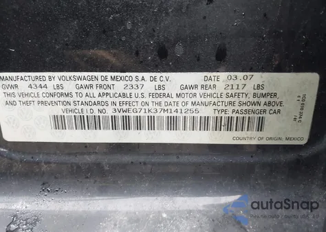 2007 Volkswagen Jetta Wolfsburg Edition z USA, uszkodzony, nr VIN 3VWEG71K37M141255